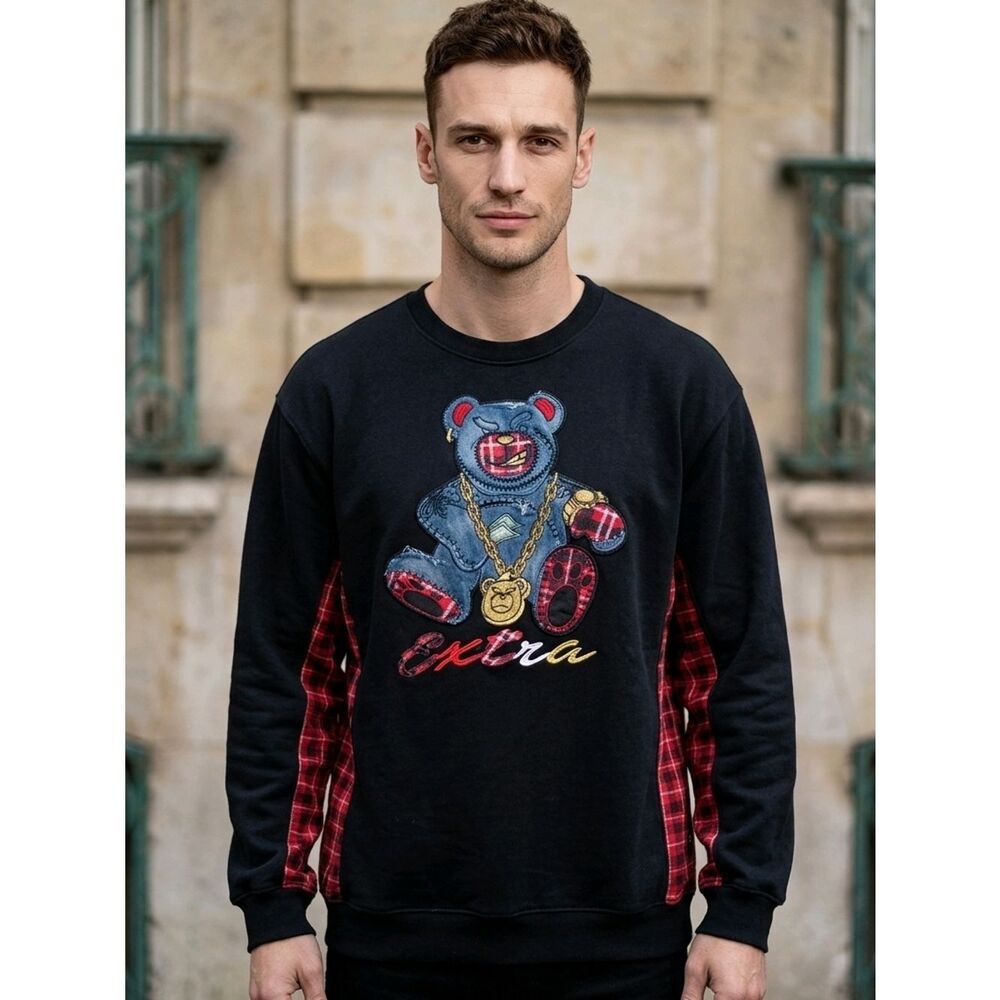 Men's Black Pullover Sweatshirt with Teddy Graphic